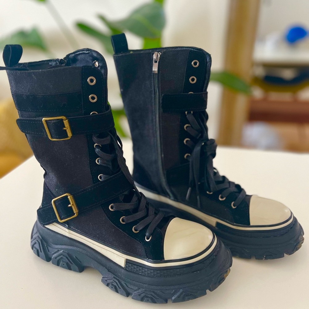 Source Unknown Black and Cream Combat Boots